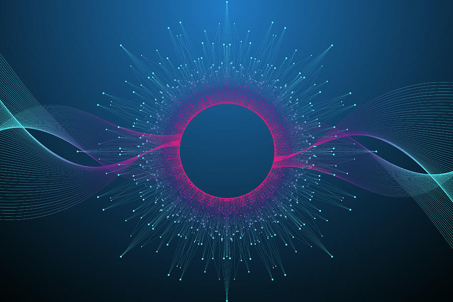 Quantum computer technology concept. Sphere explosion background. Deep learning artificial intelligence. Big data algorithms visualization. Waves flow. Quantum explosion, vector illustration. Drawing by Berya113