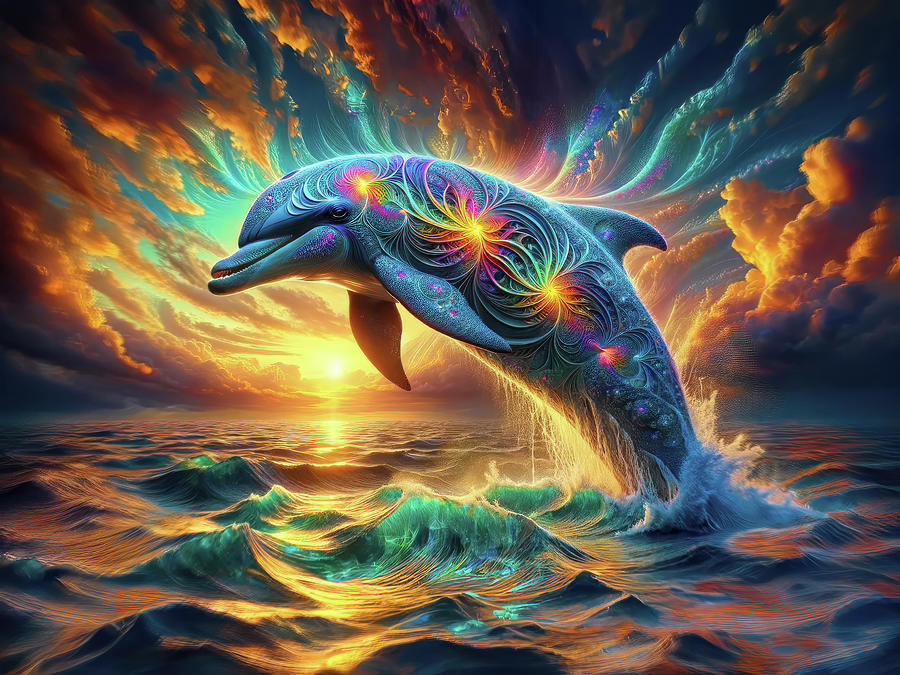Space Digital Art - Quantum Leap of the Cosmic Dolphin by Bill and Linda Tiepelman