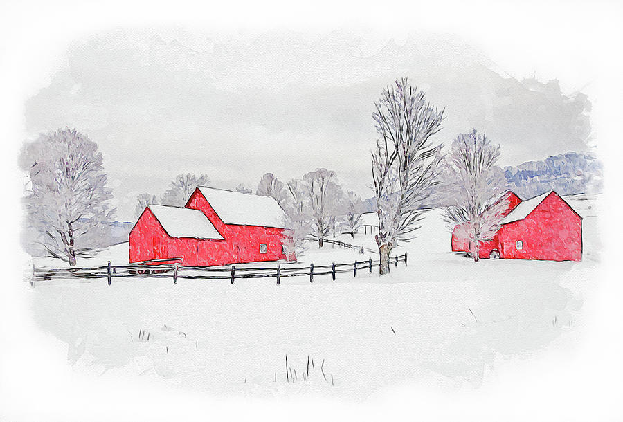 Quechee Barns in Winter - Watercolor Mixed Media by Gordon Ripley