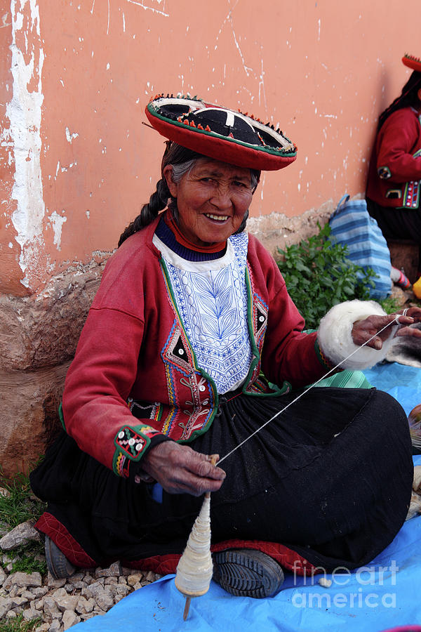 Portrait Photograph - Quechua Lady Spining Wool Chinchero Peru by James Brunker