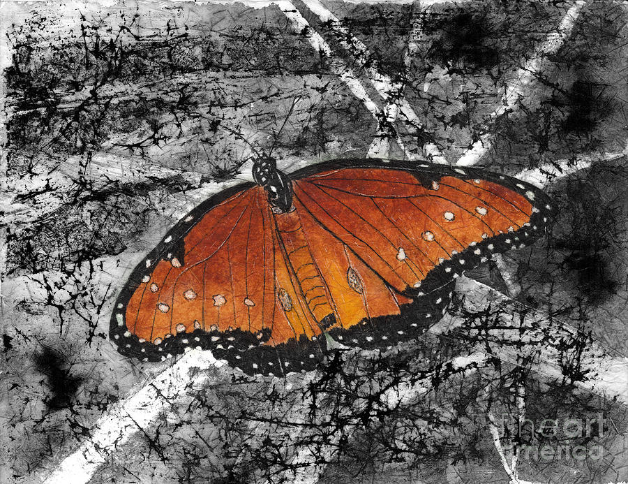 Queen Butterfly in Selective Color from Watercolor Batik Digital Art by Conni Schaftenaar