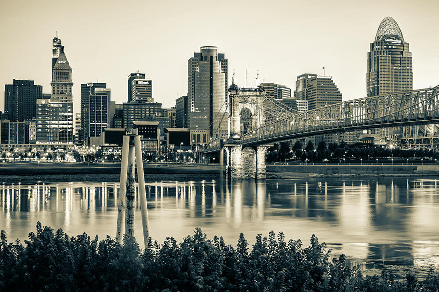 Queen City Sepia Skyline And Roebling Bridge - Cincinnati Ohio Photograph by Gregory Ballos