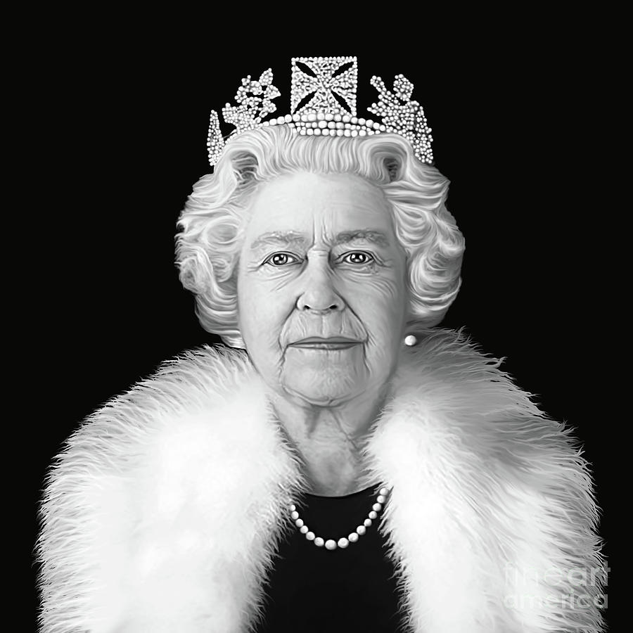 Queen Elizabeth II in Fur Stole Black and White Digital Art by ...