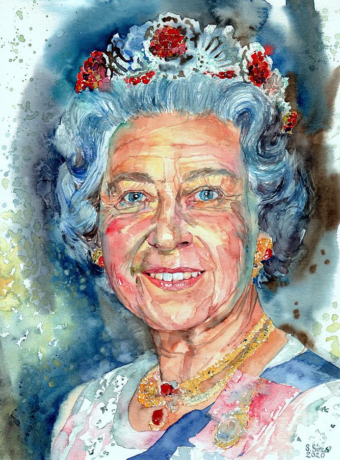 Celebrities Illustration wall art Queen Elizabeth II watercolour portrait 