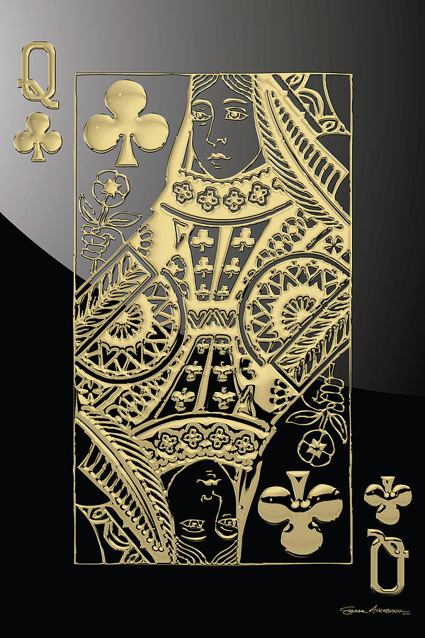 Playing Cards Digital Art - Queen of Clubs in Gold on Black   by Serge Averbukh