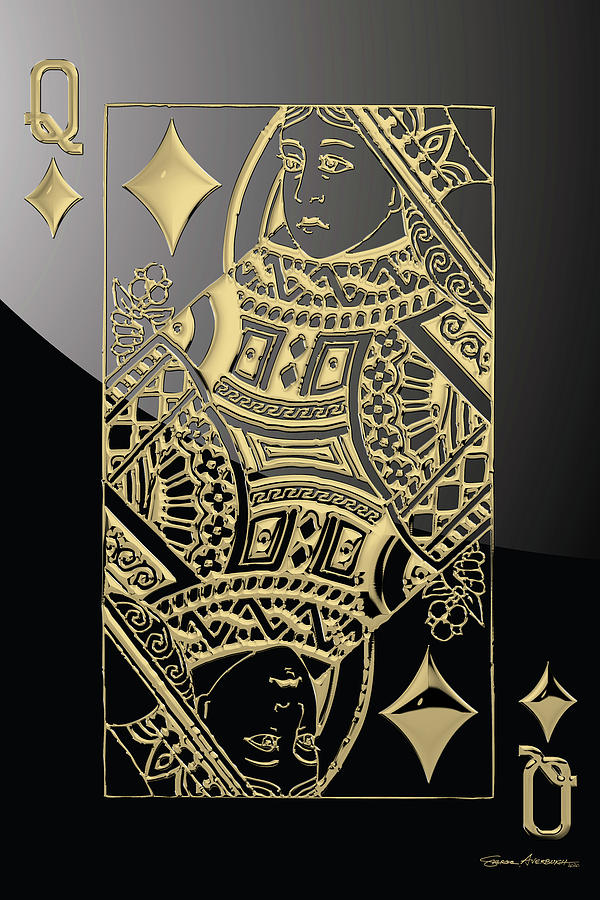 Queen of Diamonds in Gold on Black  Digital Art by Serge Averbukh