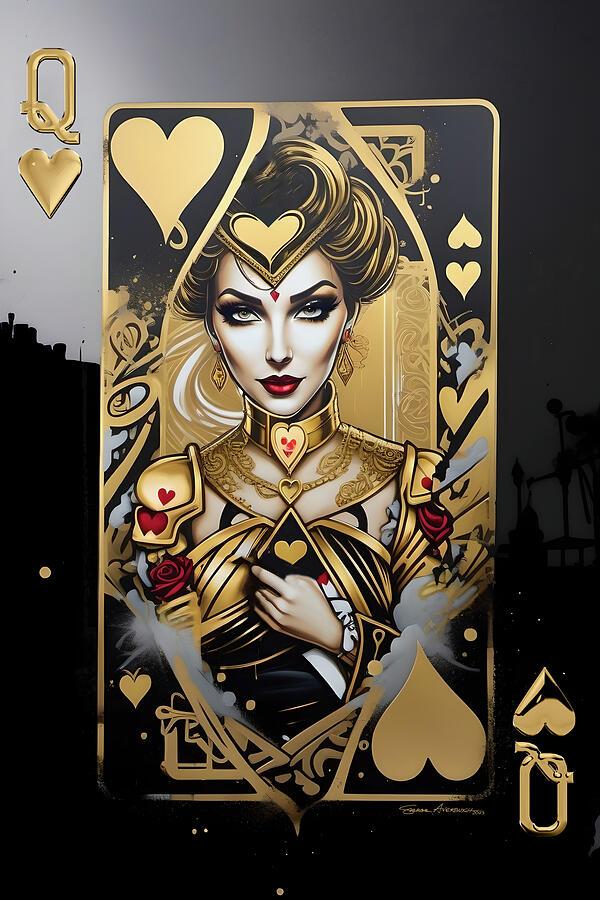 Playing Cards Digital Art - Queen of Hearts #2 in Gold on Black by Serge Averbukh
