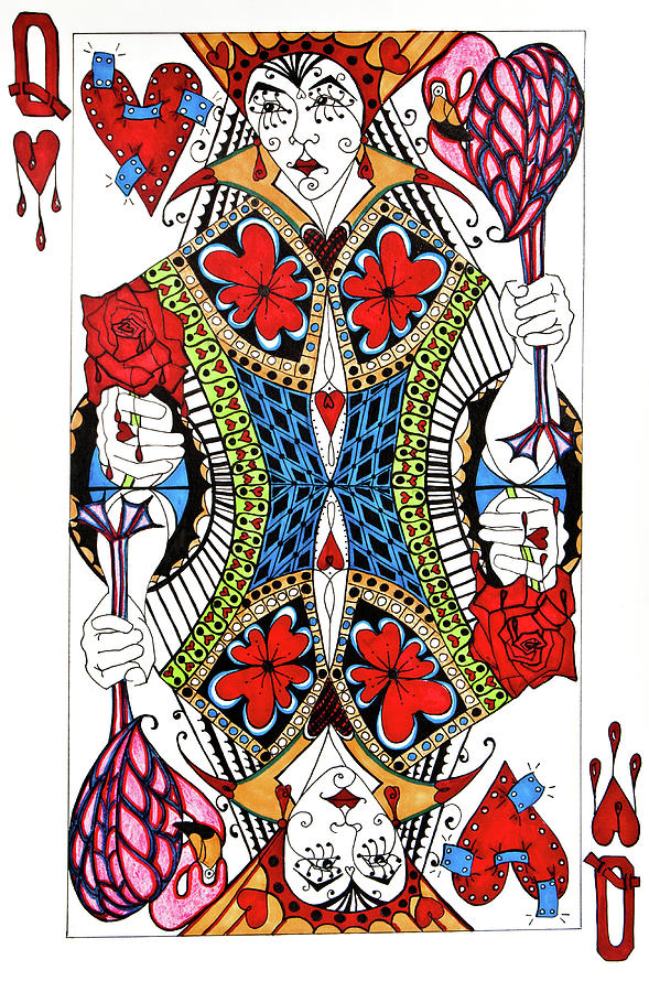 Queen Of Hearts Face Card Drawing by Jani Freimann