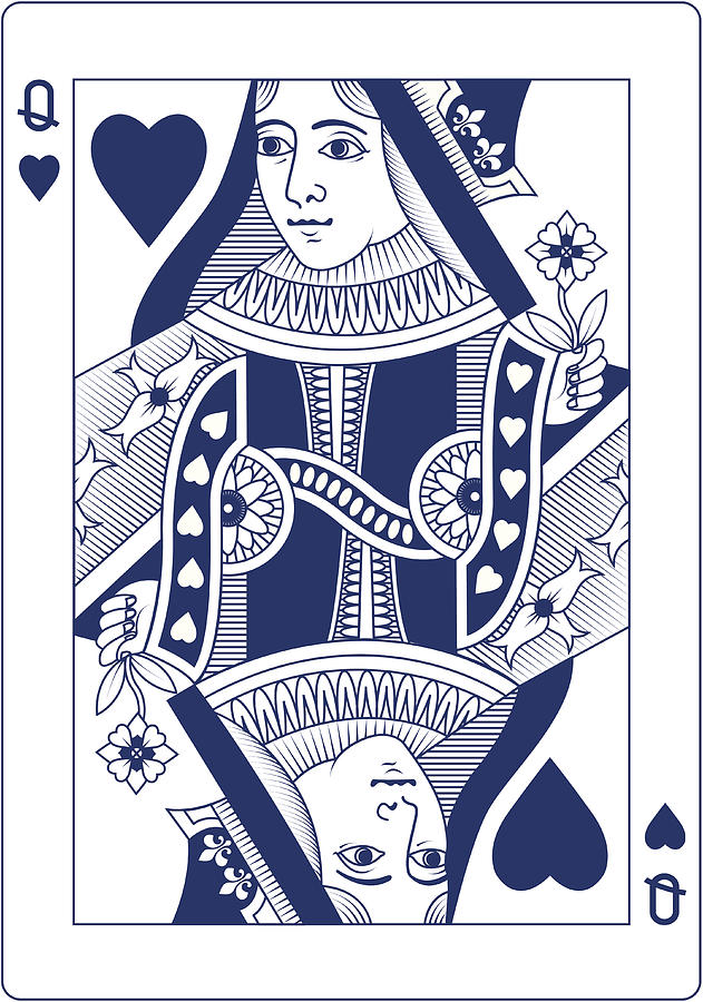 Queen of Hearts playing card in blue Drawing by Carol_woodcock