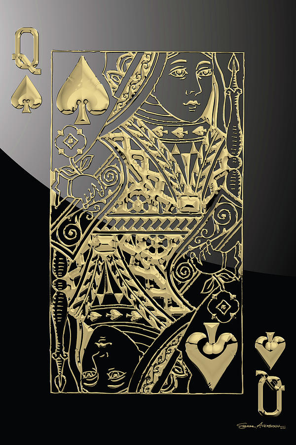 Queen of Spades in Gold on Black   Digital Art by Serge Averbukh