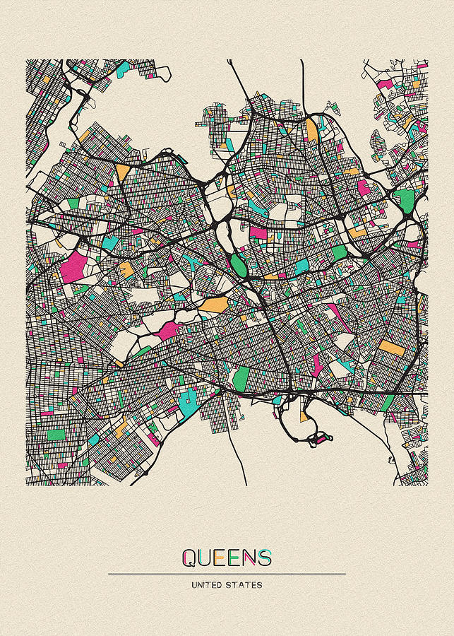 Queens, New York City Map Drawing by Inspirowl Design