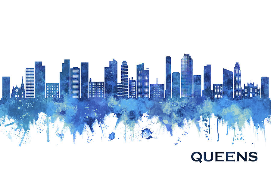 Abstract Mixed Media - Queens New York Skyline Blue by NextWay Art