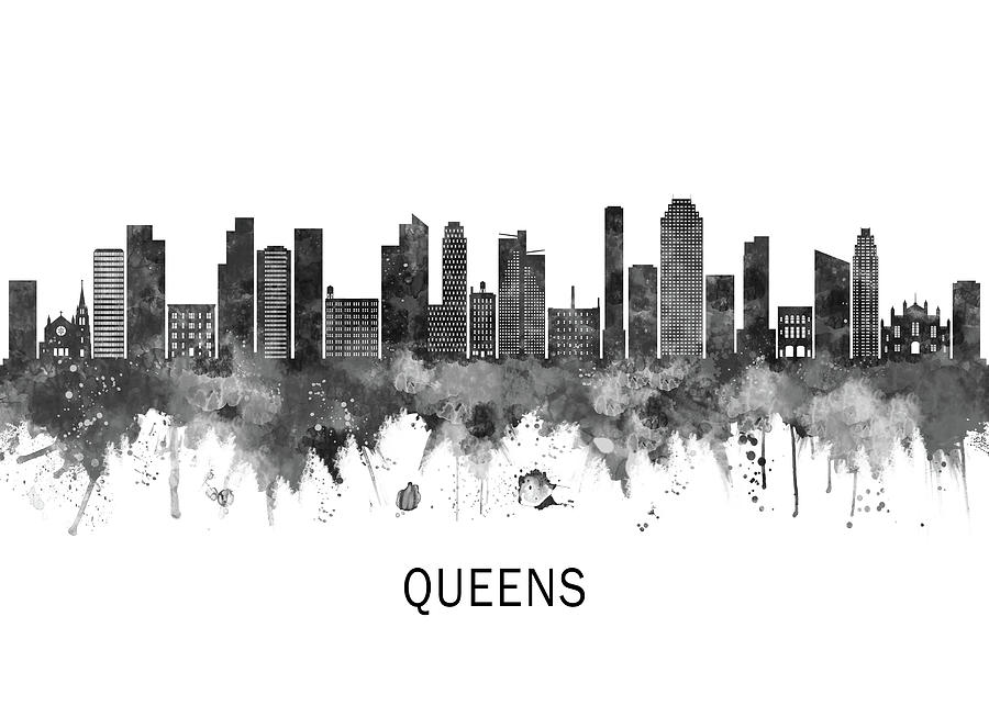 Abstract Mixed Media - Queens New York Skyline BW by NextWay Art