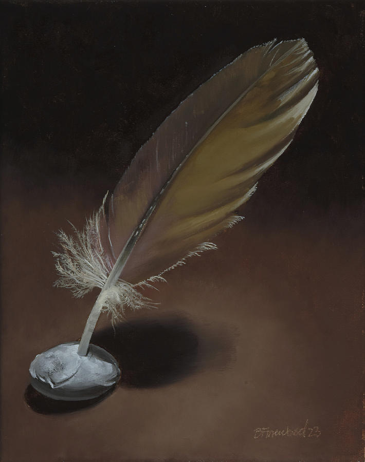 Feather Still Life Painting - Quill Stuck in a Well Used Kneaded Eraser by Bill Finewood