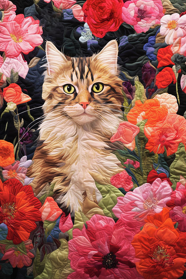Quilted Cat in the Flower Garden Digital Art by Peggy Collins
