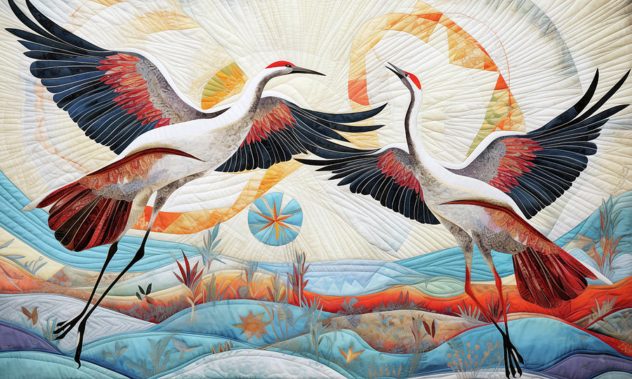 Quilted Cranes Mixed Media by Jacky Gerritsen