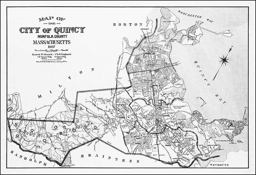 Quincy Massachusetts Antique Map 1907 Black and White Drawing by Carol Japp Quincy Massachusetts Antique Map 1907 Black and White Drawing by Carol Japp