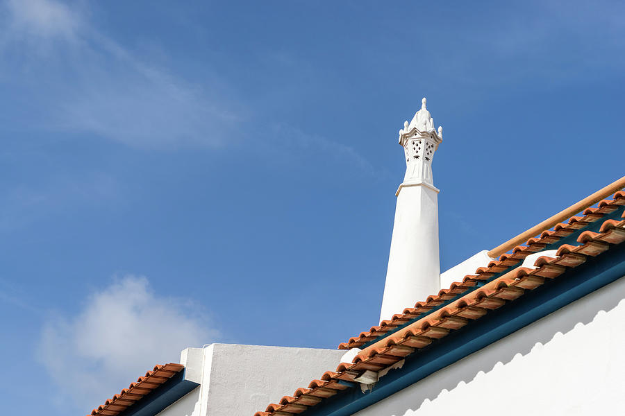 Quintessential Algarvian - Elegant Chimney and Terracotta Rooflines in Red Blue and White Photograph by Georgia Mizuleva