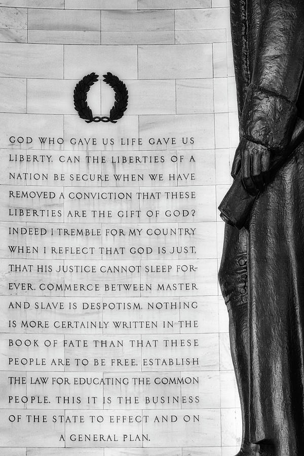 Quote on the Jefferson Memorial BW Photograph by Susan Candelario