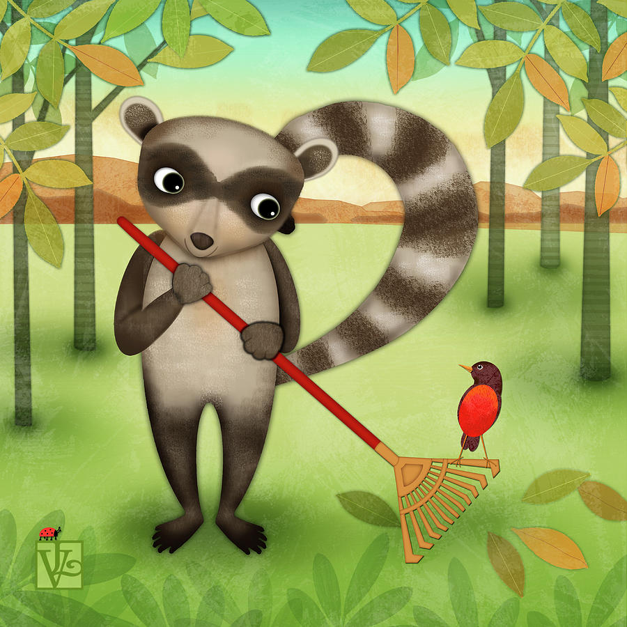 R is for Raccoon with a Rake Digital Art by Valerie Drake Lesiak