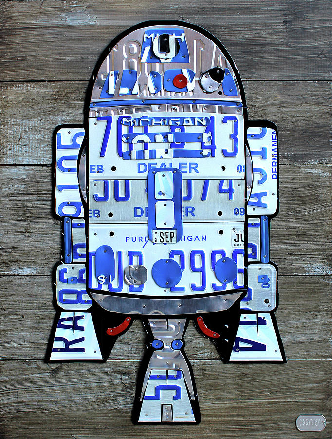 Star Wars Mixed Media - R2D2 License Plate Art Portrait by Design Turnpike