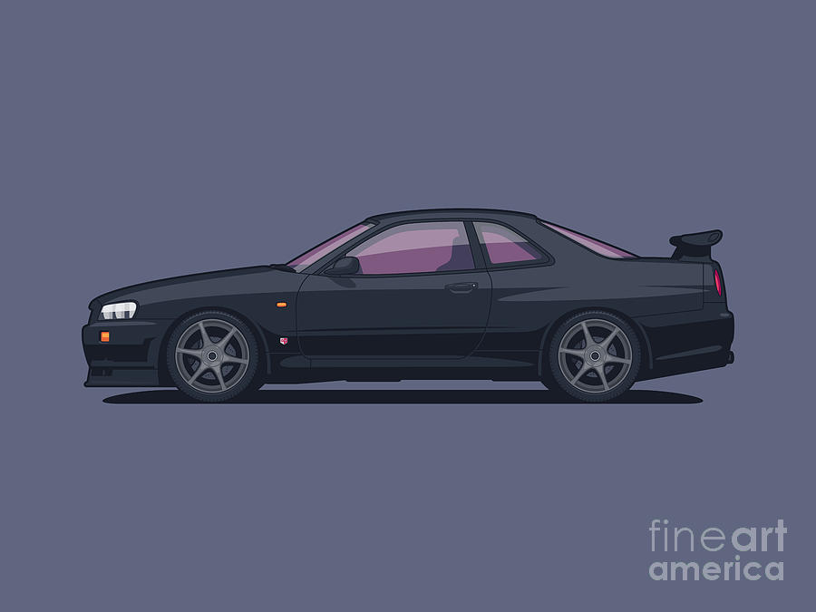 R34 GT-R Side Landscape Black Digital Art by Organic Synthesis