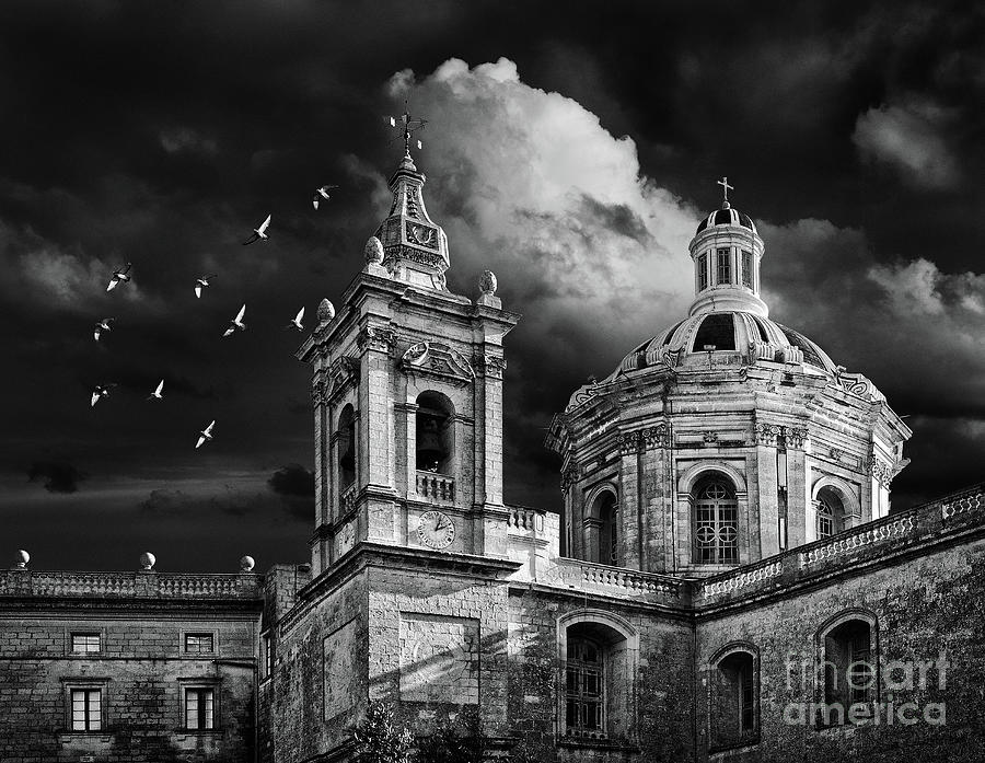 Rabat church dome and tower - Black and white photo Photograph by Stephan Grixti