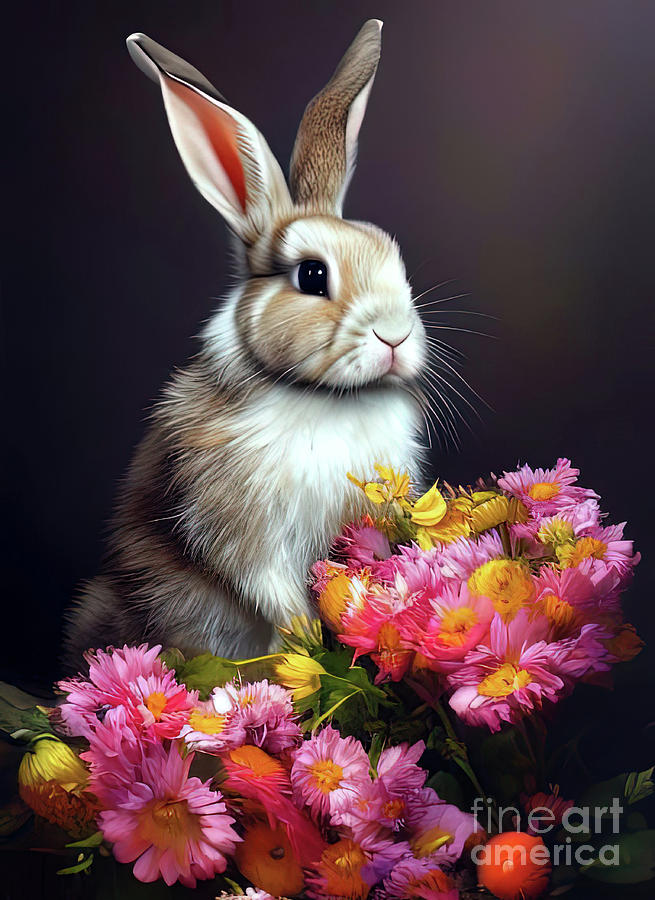 Rabbit and Flowers  Digital Art by Elaine Manley