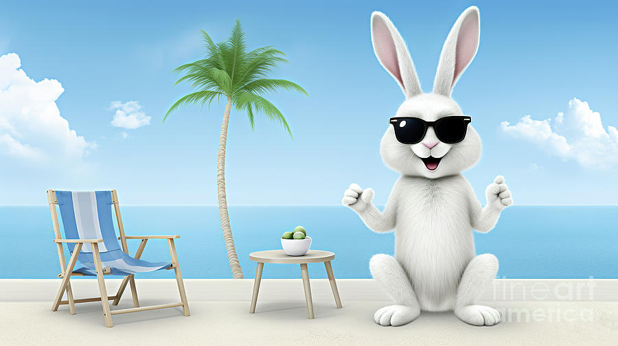 Rabbit in sunglasses arrived for vacation on the sandy beach. Digital Art by Odon Czintos