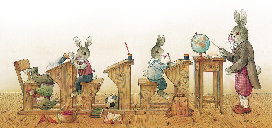 Rabbit school 01 Drawing by Kestutis Kasparavicius