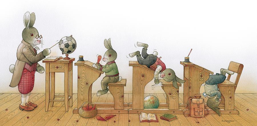 Rabbit school 02 Drawing by Kestutis Kasparavicius