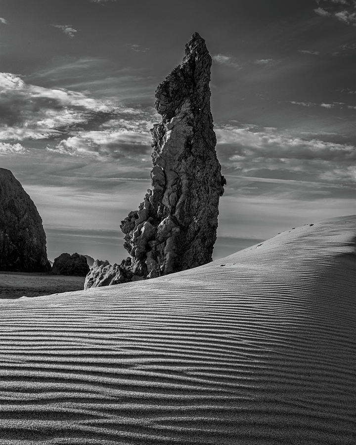 Rabbit Sea Stack and Sand B W Photograph by Peter Tellone