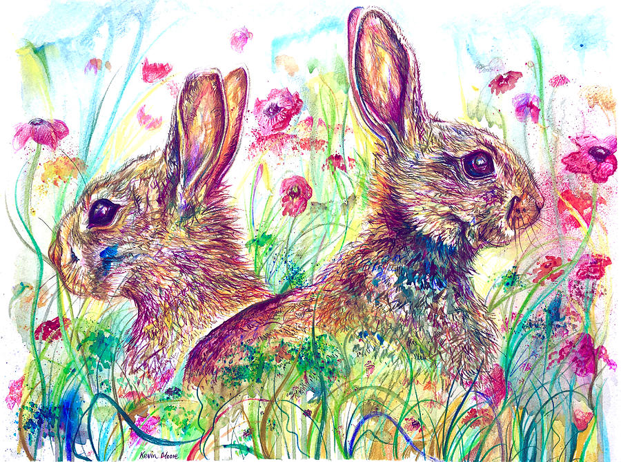 Rabbits and Poppies Painting by Kevin Derek Moore