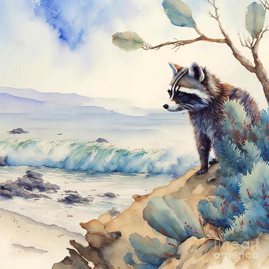 Nature Painting - Raccon At Beach by N Akkash
