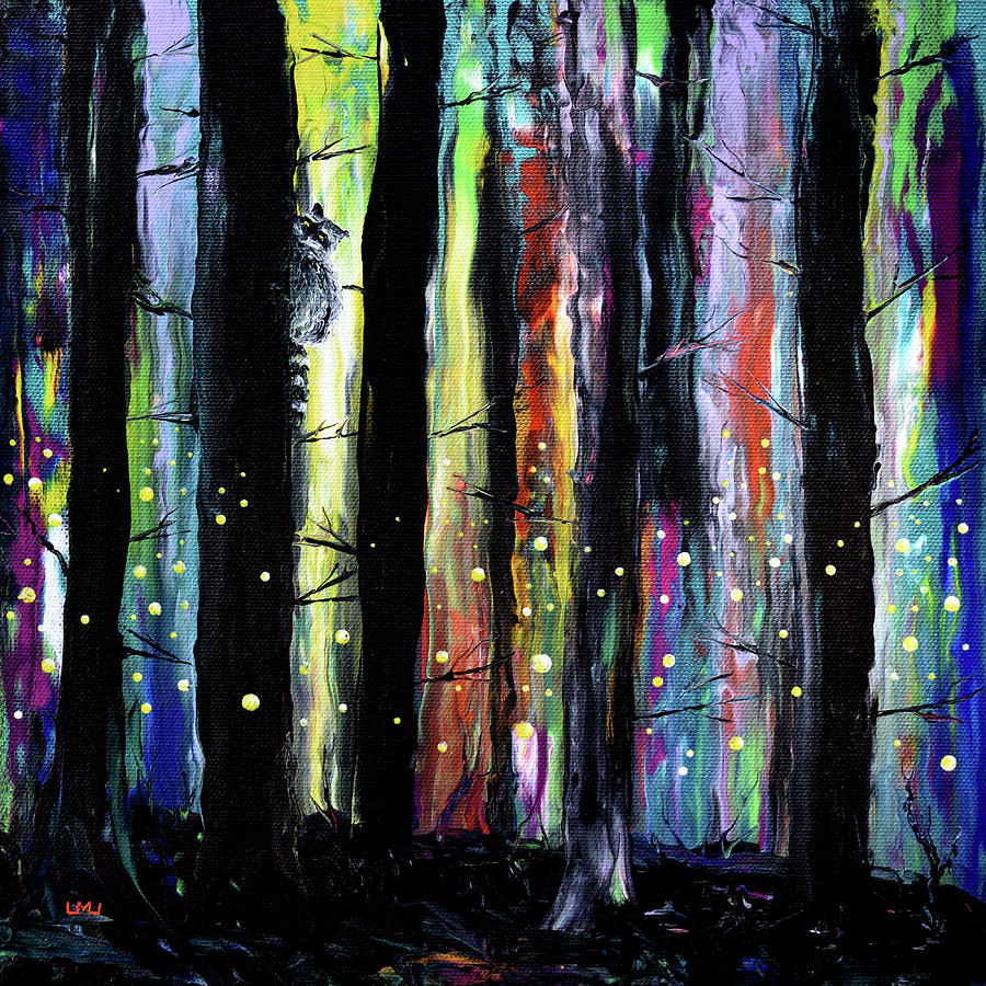 Raccoon and Fireflies Painting by Laura Iverson