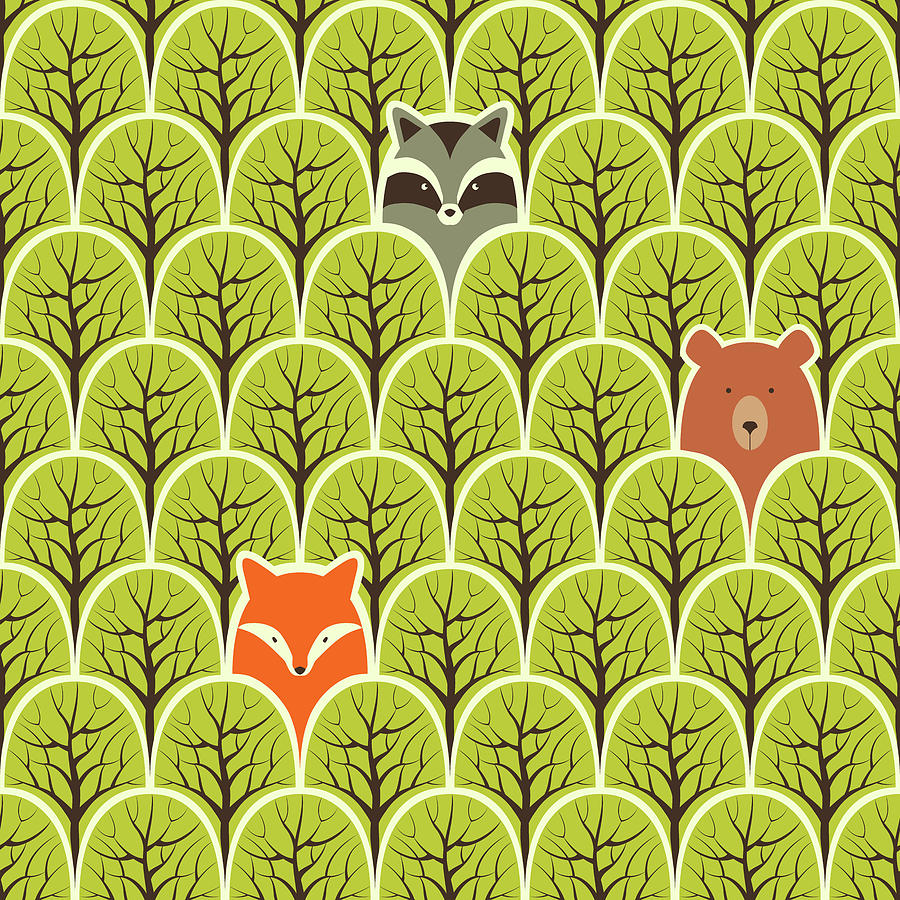 Raccoon Fox And Bear In A Forest Seamless Pattern Drawing