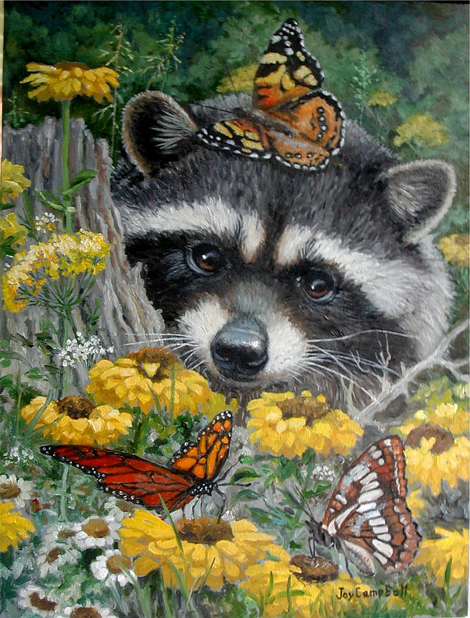 Raccoon Lov'n Flowers Painting by Joy Campbell - Fine Art America