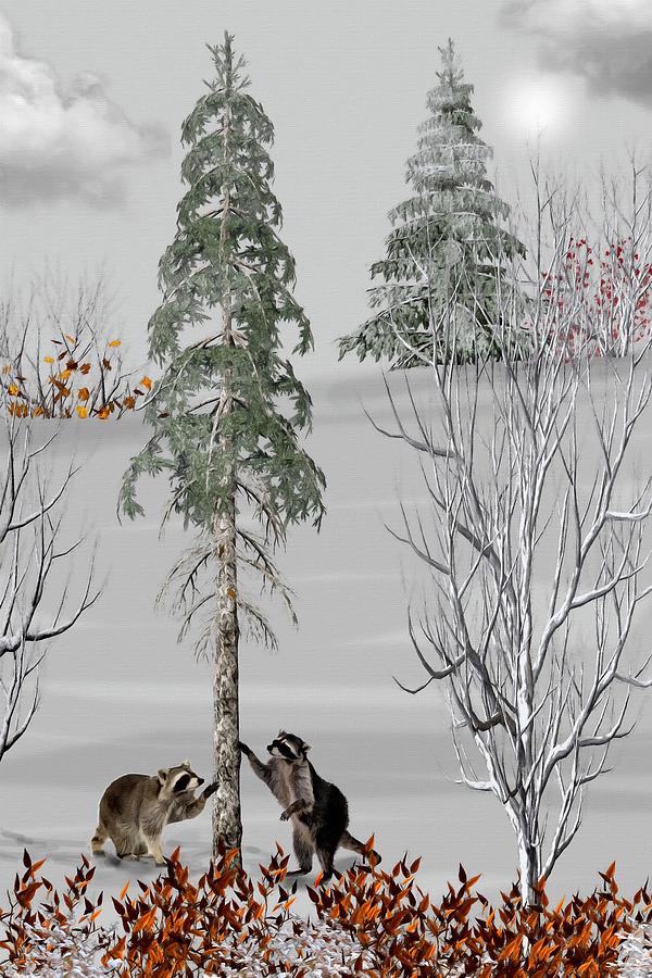 Raccoons in the Wild Winter Forest Color Mixed Media by David Dehner