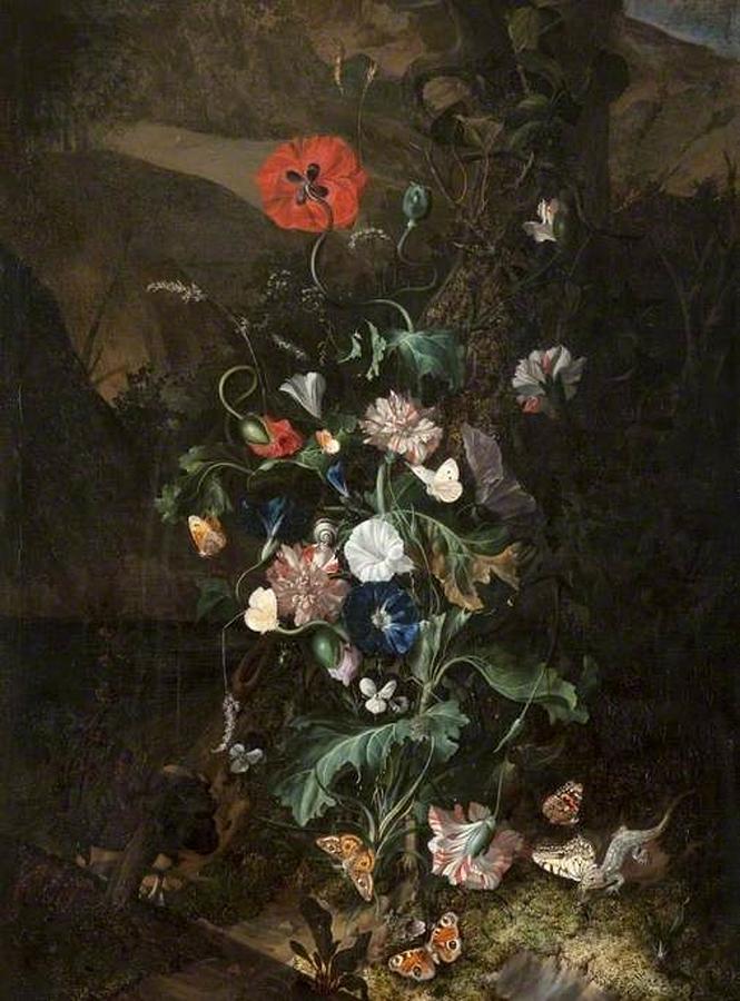 Rachel Ruysch - An Arrangement of Flowers by a Tree Trunk Painting by Les Classics