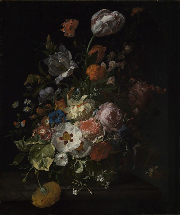 Rachel Ruysch - Flowers in a glass vase, on a marble ledge Painting by ...