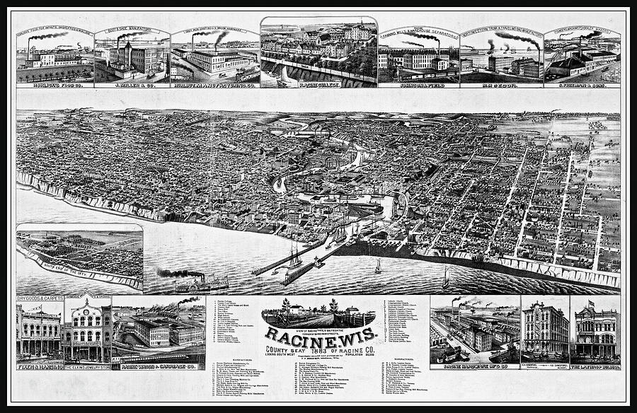 Wisconsin Map Photograph - Racine Wisconsin Vintage Map Aerial View 1883 Black and White  by Carol Japp