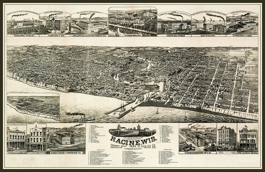 Wisconsin Map Photograph - Racine Wisconsin Vintage Map Aerial View 1883 by Carol Japp