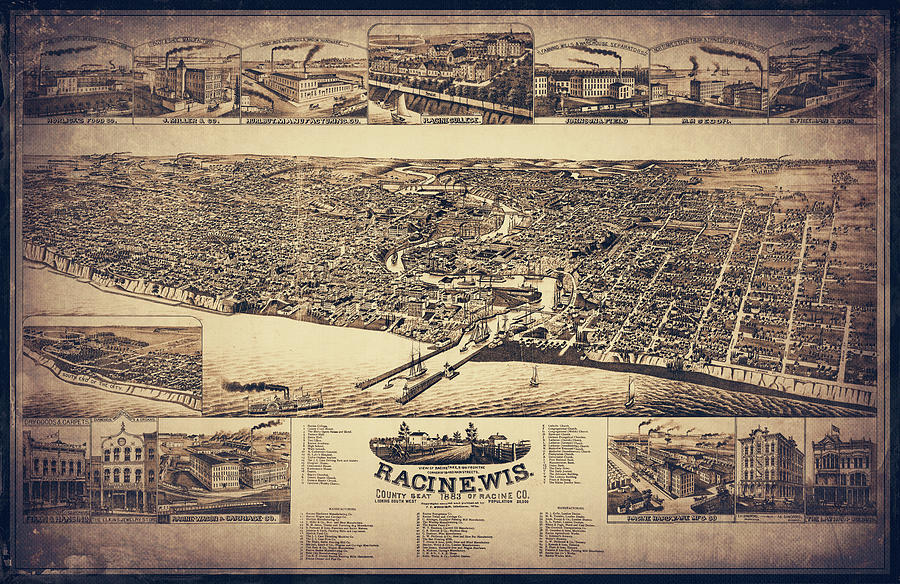Wisconsin Map Photograph - Racine Wisconsin Vintage Map Aerial View 1883 Sepia by Carol Japp
