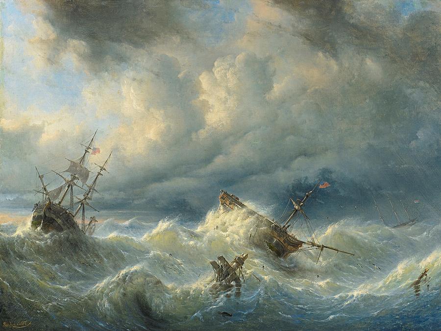 Raden Sarief Bustaman Saleh - Ships on a Stormy Sea Painting by ...