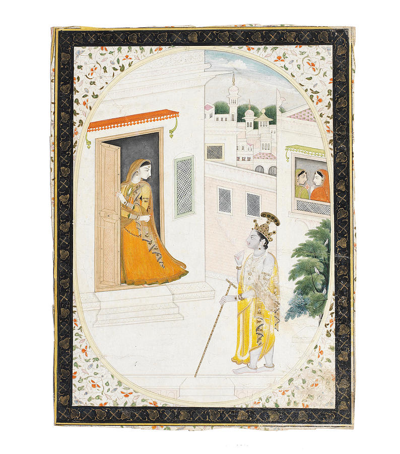 RADHA AND KRISHNA EXCHANGING GLANCES BY A PALACE DOORWAY Mandi or Kangra, by a painter of the second Painting by Artistic Rifki