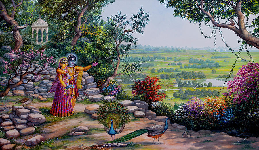 Radha and Krishna on Govardhan Painting by Vrindavan Das