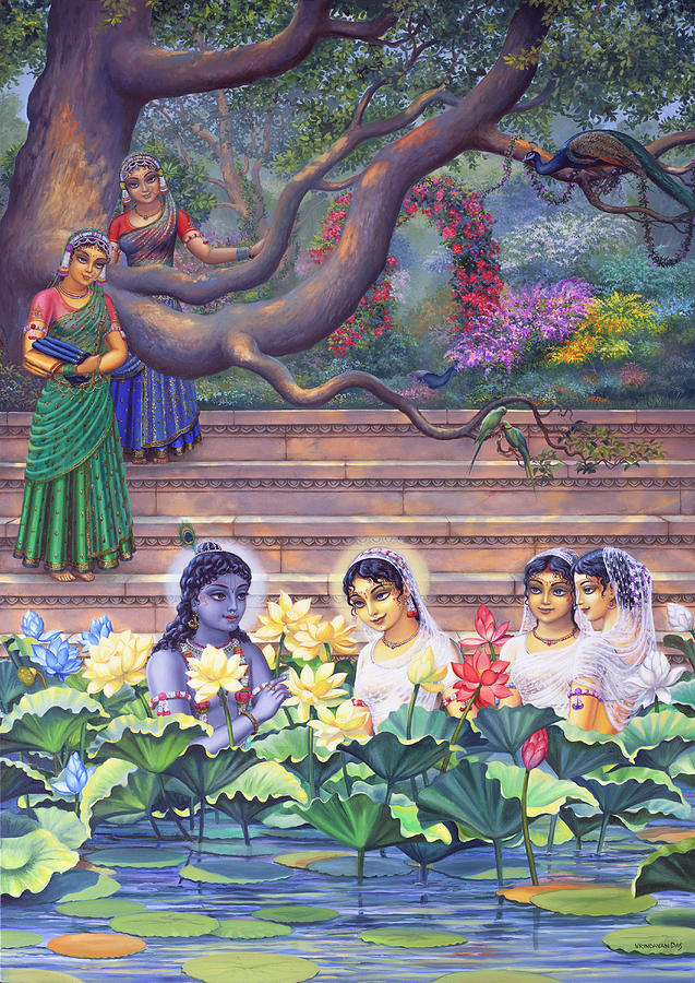 Parrot Painting - Radha and Krishna water pastime by Vrindavan Das