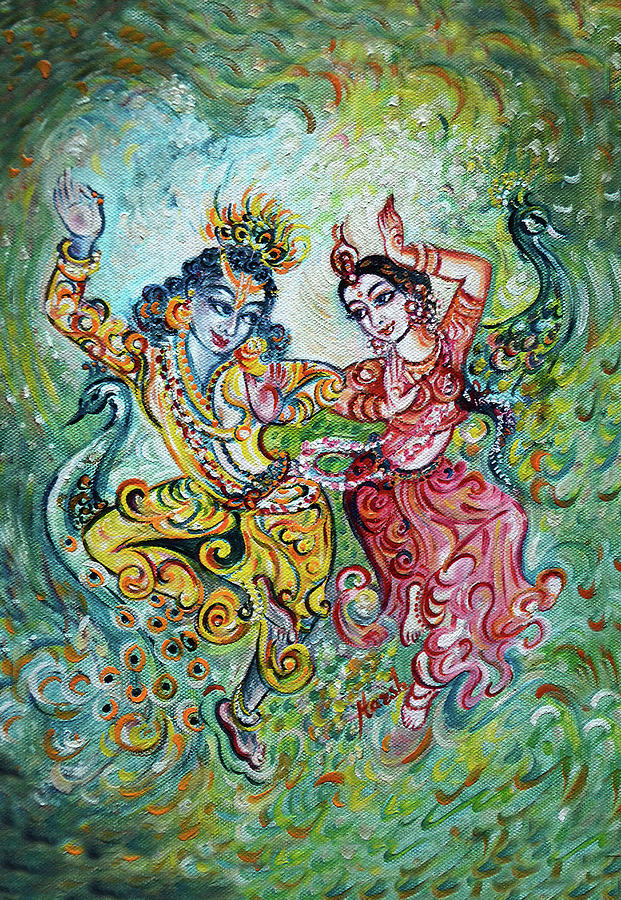 Radha Krishna dancing - peacocks Painting by Harsh Malik