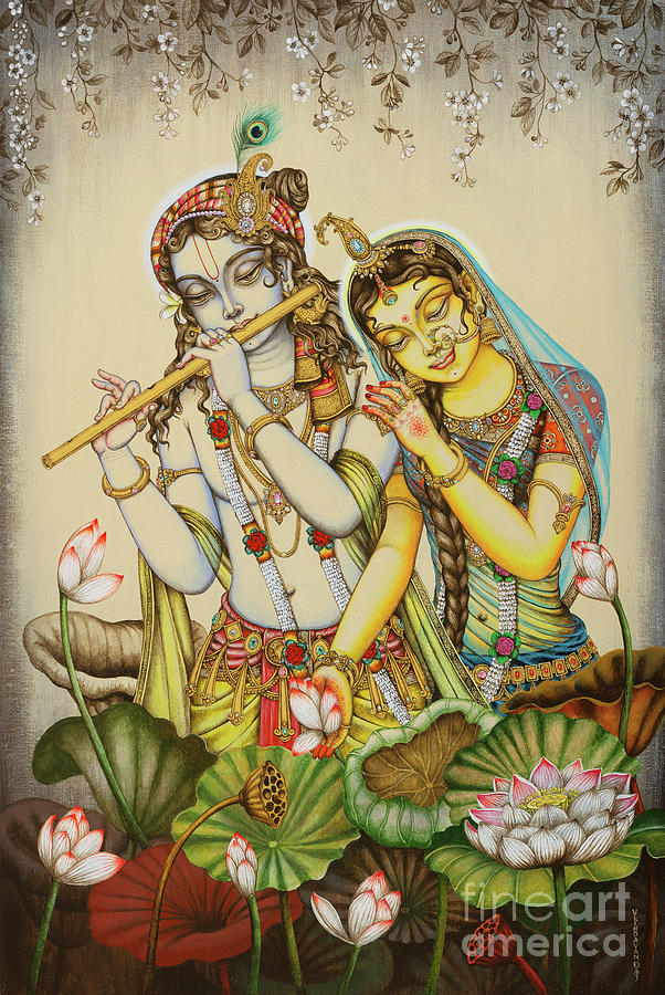Radha Krishna with lotus Painting by Vrindavan Das