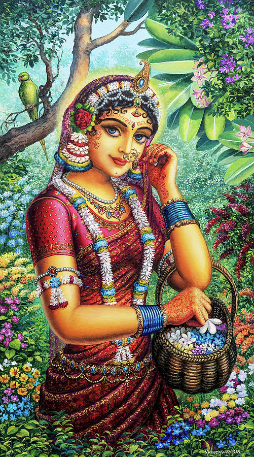 Parrot Painting - Radharani in garden by Vrindavan Das